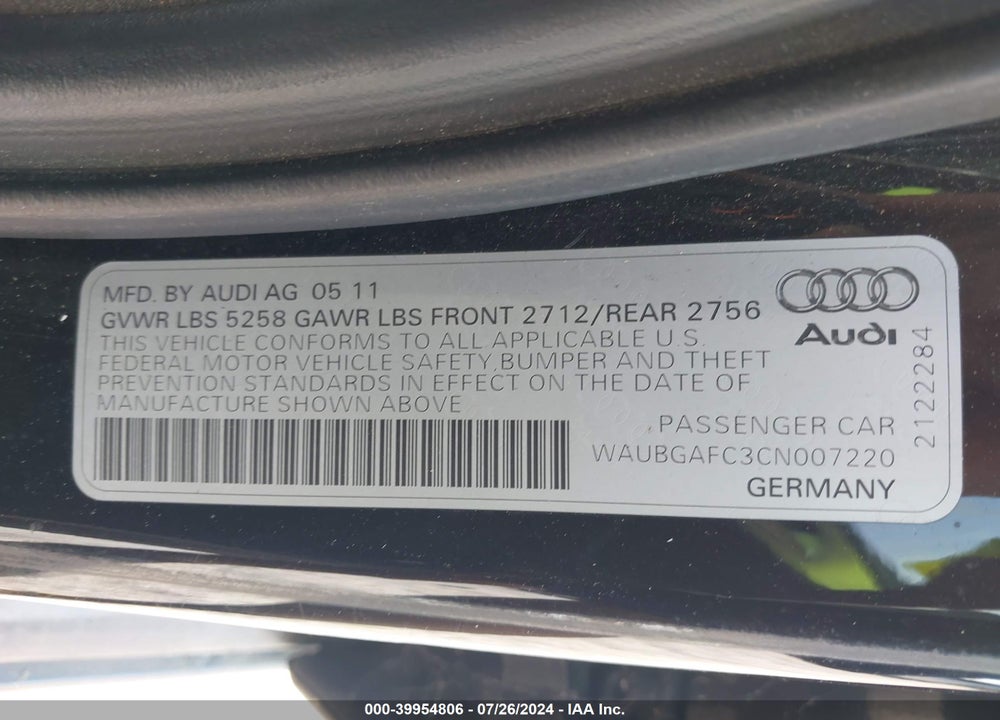 2012 AUDI A6 3.0 PREMIUM VIN: WAUBGAFC3CN007220
