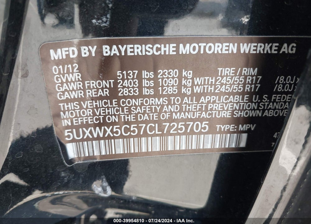 2012 BMW X3 XDRIVE28I VIN: 5UXWX5C57CL725705