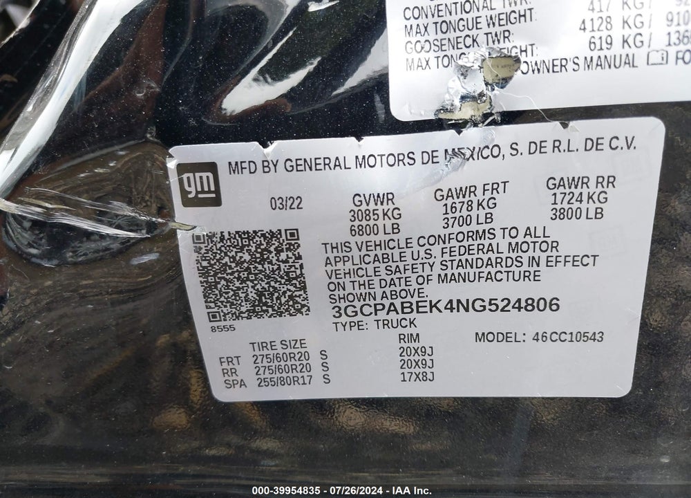 2022 CHEVROLET SILVERADO 1500 VIN: 3GCPABEK4NG524806