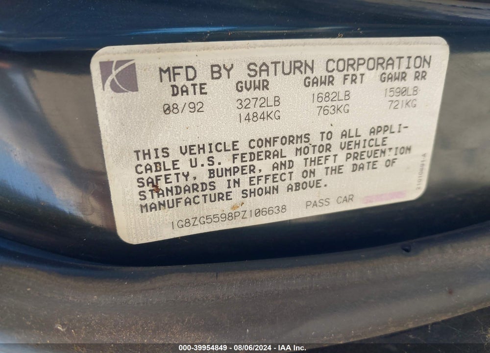 1993 SATURN SL1 VIN: 1G8ZG5598PZ106638