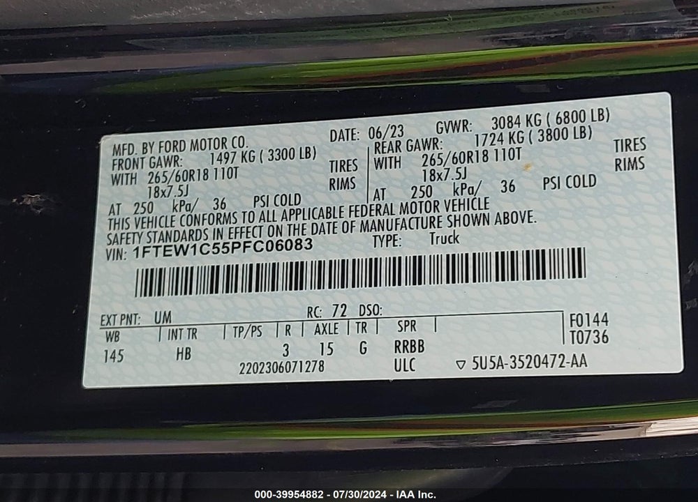 2023 FORD F-150 LARIAT VIN: 1FTEW1C55PFC06083