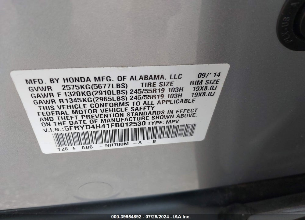 2015 ACURA MDX VIN: 5FRYD4H41FB012530
