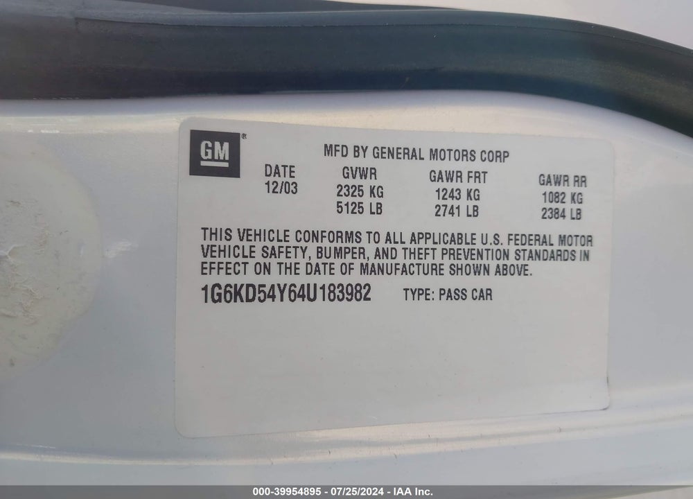 2004 CADILLAC DEVILLE STANDARD VIN: 1G6KD54Y64U183982
