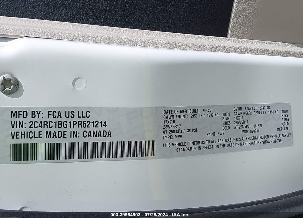 2023 CHRYSLER PACIFICA TOURING L VIN: 2C4RC1BG1PR621214