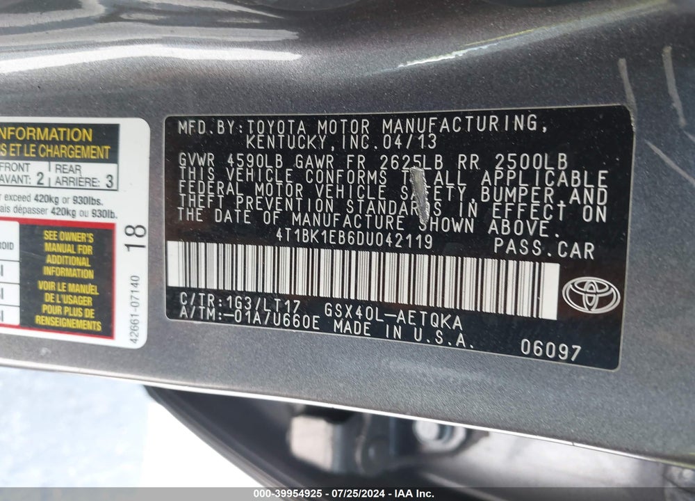 2013 TOYOTA AVALON LIMITED/XLE/XLE PREMIUM/XLE TOURING VIN: 4T1BK1EB6DU042119