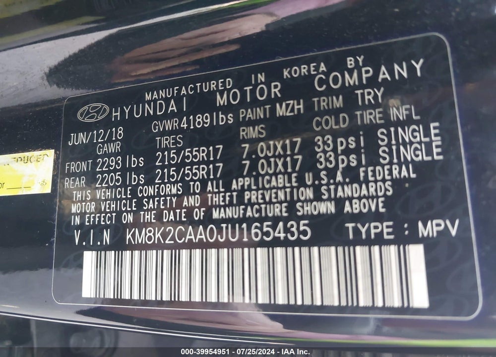 2018 HYUNDAI KONA SEL VIN: KM8K2CAA0JU165435