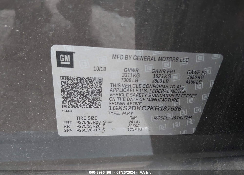 2019 GMC YUKON SLT STANDARD EDITION VIN: 1GKS2DKC2KR187536