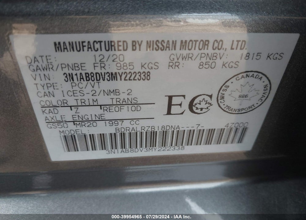 2021 NISSAN SENTRA SR XTRONIC CVT VIN: 3N1AB8DV3MY222338