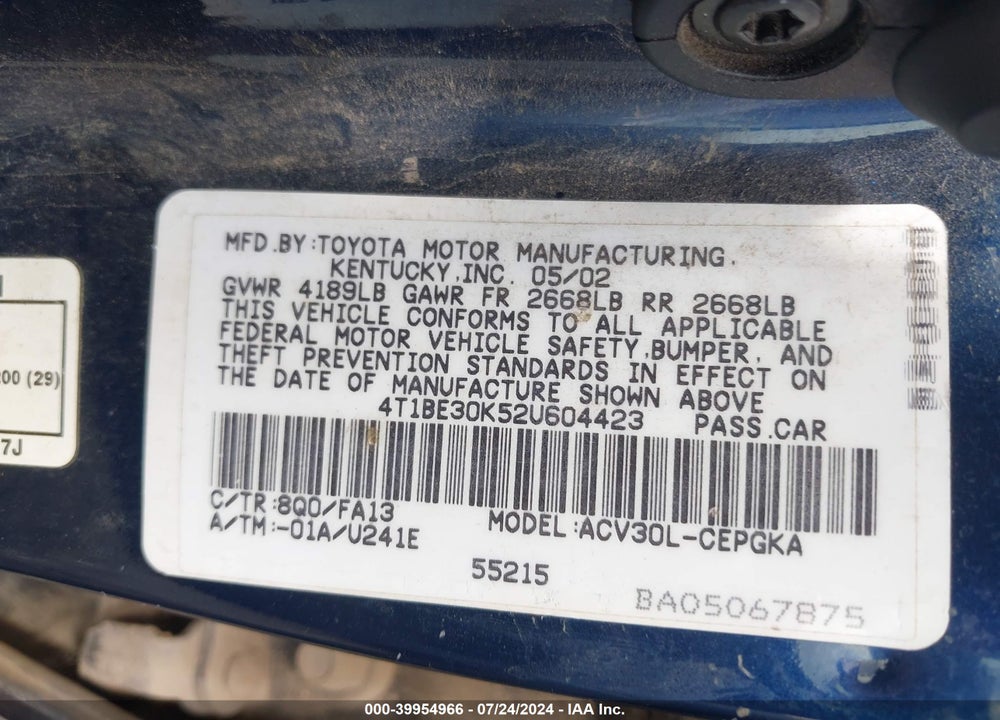 2002 TOYOTA CAMRY LE/SE/XLE VIN: 4T1BE30K52U604423
