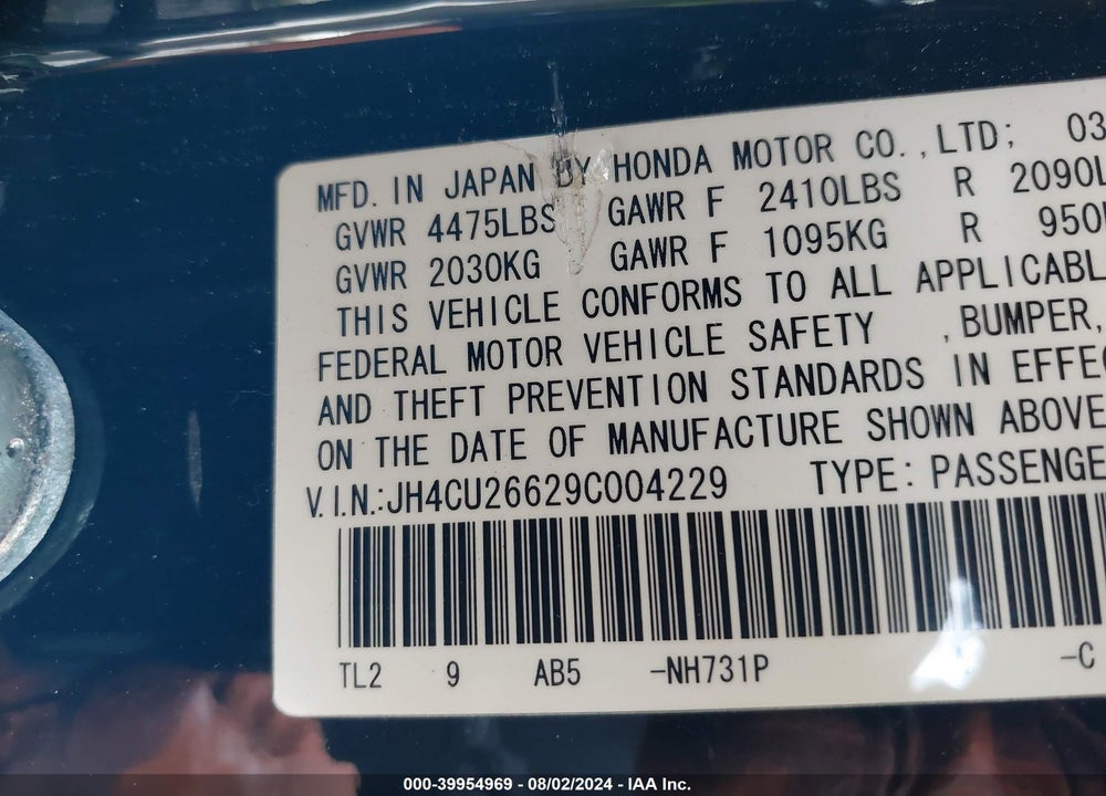 2009 ACURA TSX VIN: JH4CU26629C004229