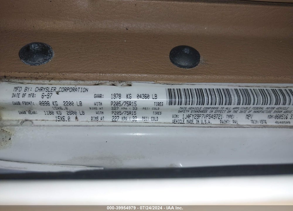 1997 JEEP WRANGLER SE VIN: 1J4FY29P7VP549721