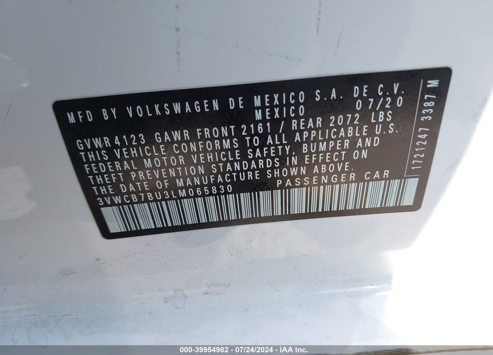 2020 VOLKSWAGEN JETTA 1.4T R-LINE/1.4T S/1.4T SE VIN: 3VWCB7BU3LM065830