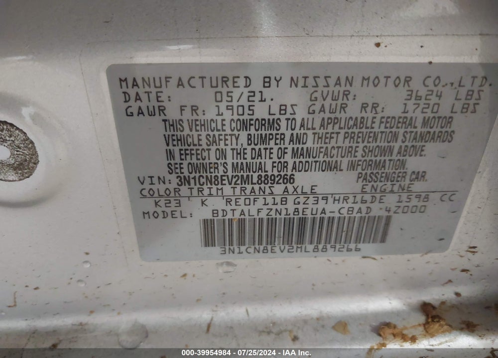 2021 NISSAN VERSA SV XTRONIC CVT VIN: 3N1CN8EV2ML889266