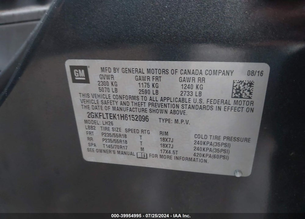 2017 GMC TERRAIN SLE-2 VIN: 2GKFLTEK1H6152096