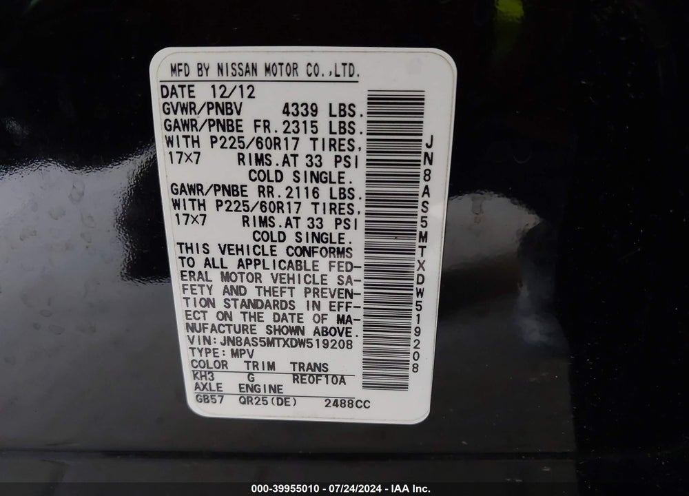 2013 NISSAN ROGUE SV VIN: JN8AS5MTXDW519208