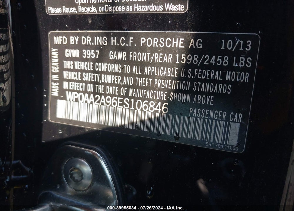 2014 PORSCHE 911 CARRERA VIN: WP0AA2A96ES106846