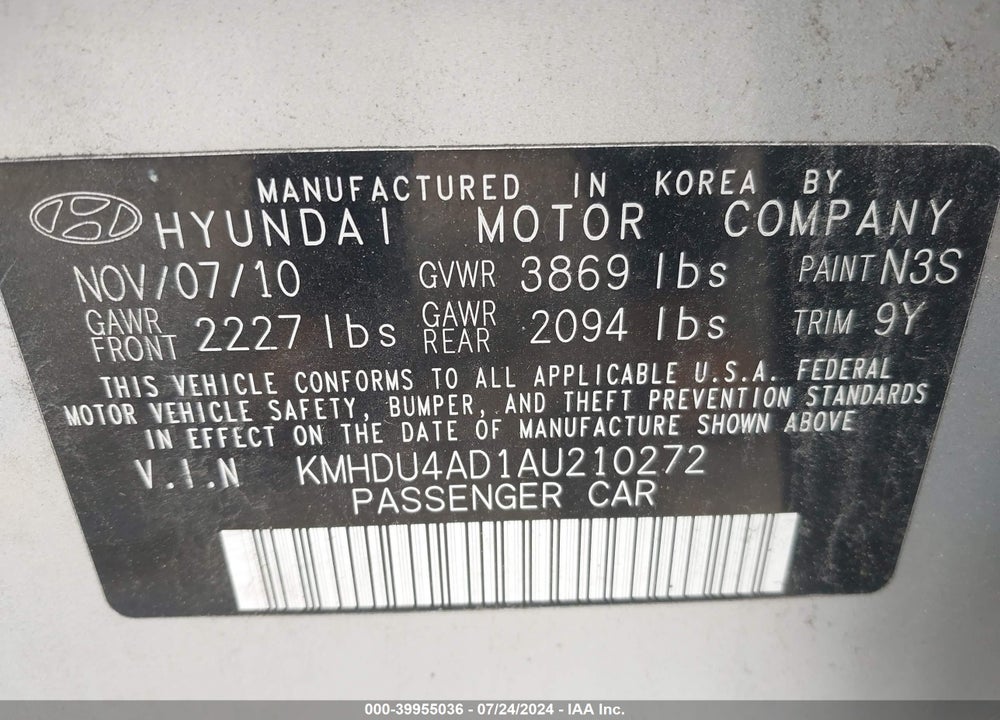 2010 HYUNDAI ELANTRA GLS VIN: KMHDU4AD1AU210272