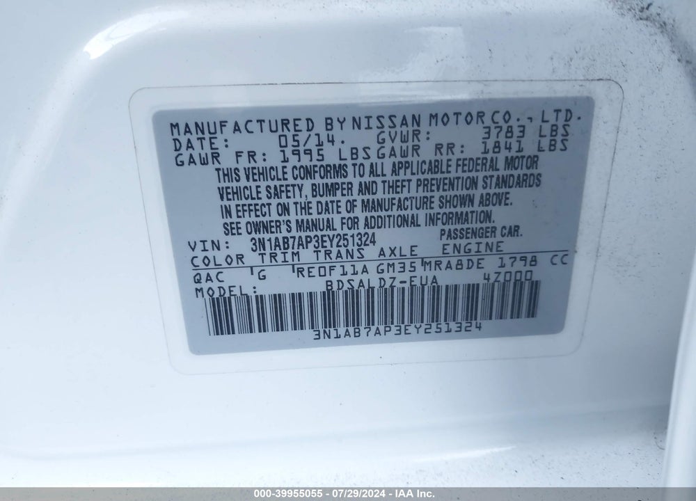 2014 NISSAN SENTRA FE+ S/FE+ SV/S/SL/SR/SV VIN: 3N1AB7AP3EY251324