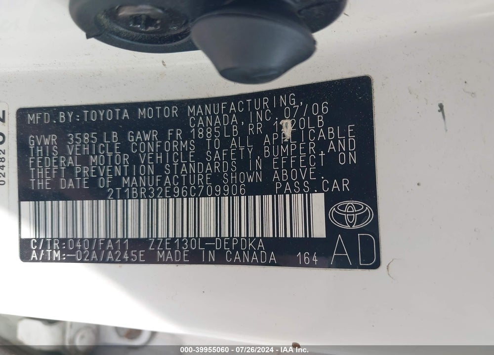 2006 TOYOTA COROLLA CE VIN: 2T1BR32E96C709906