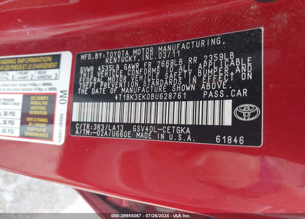 2011 TOYOTA CAMRY LE V6/SE V6/XLE V6 VIN: 4T1BK3EK0BU628761