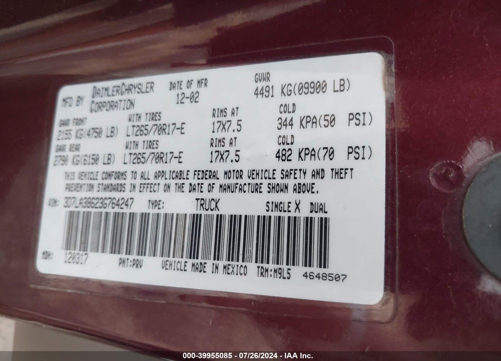 2003 DODGE RAM 3500 SLT/LARAMIE/ST VIN: 3D7LA38623G764247