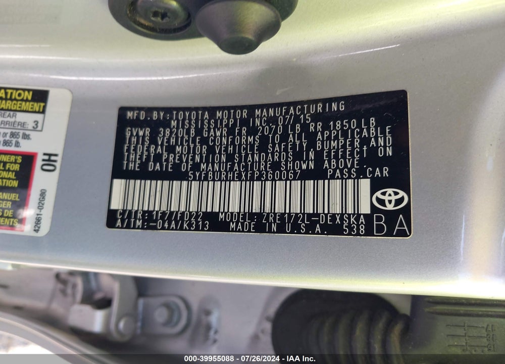 2015 TOYOTA COROLLA L VIN: 5YFBURHEXFP360067