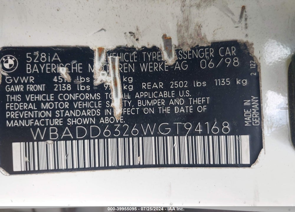 1998 BMW 528I VIN: WBADD6326WGT94168