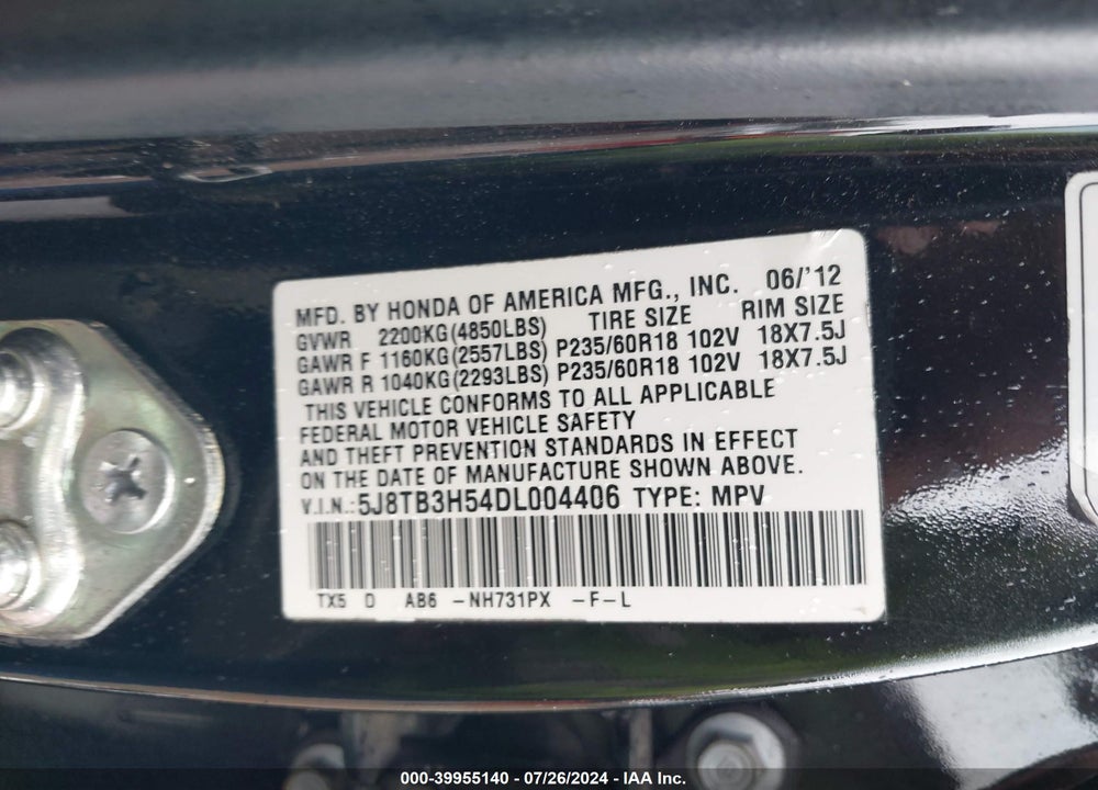 2013 ACURA RDX VIN: 5J8TB3H54DL004406