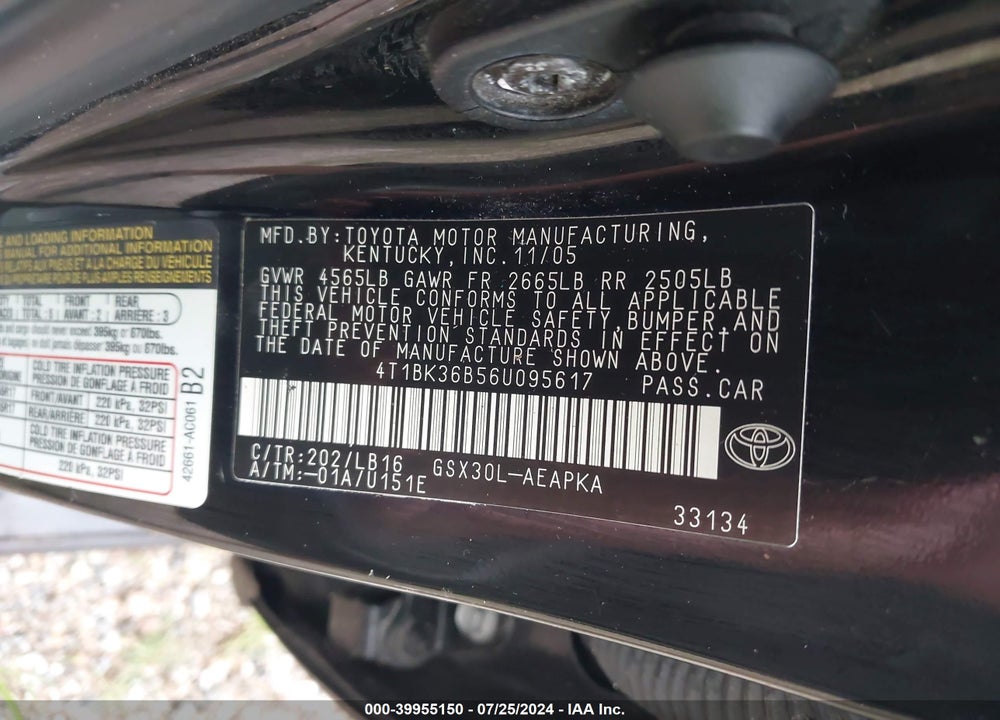 2006 TOYOTA AVALON LIMITED/TOURING/XL/XLS VIN: 4T1BK36B56U095617