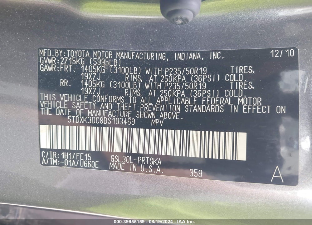 2011 TOYOTA SIENNA SE VIN: 5TDXK3DC8BS103469