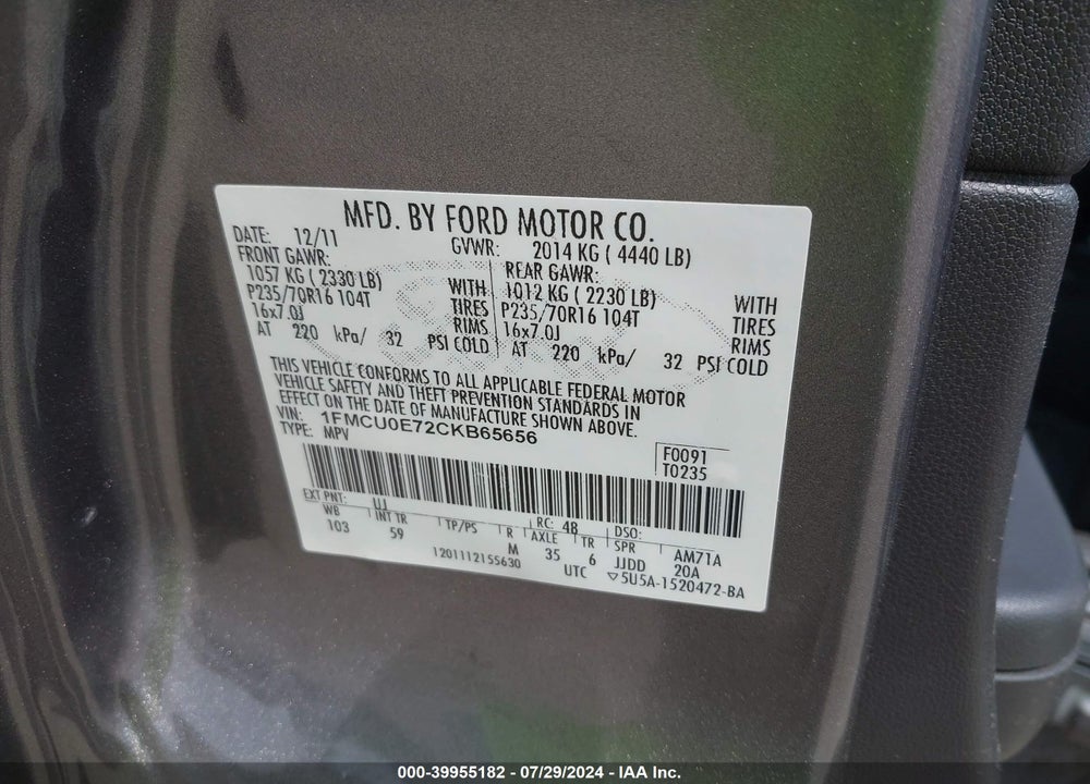 2012 FORD ESCAPE LIMITED VIN: 1FMCU0E72CKB65656