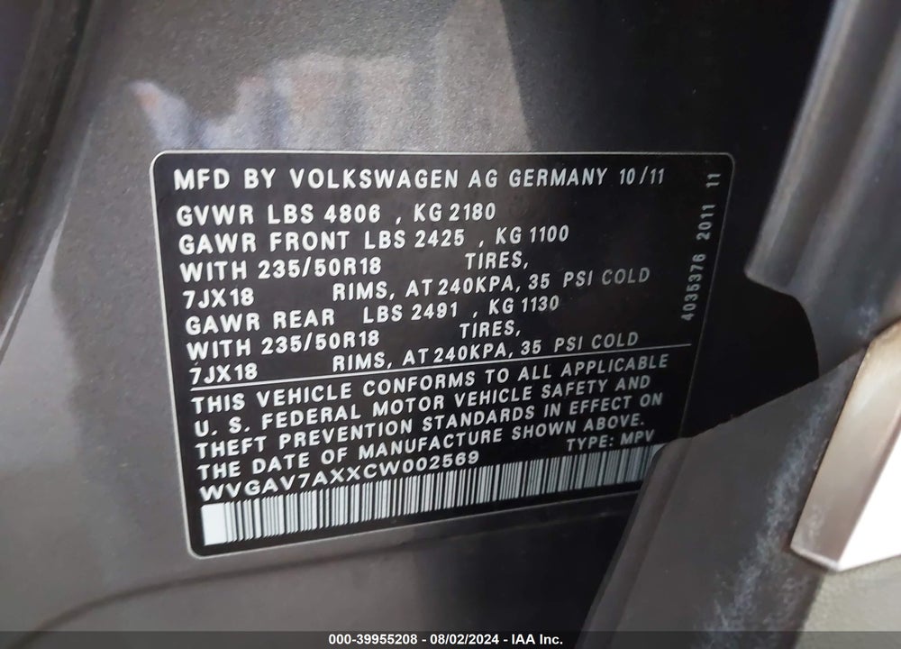 2012 VOLKSWAGEN TIGUAN SE VIN: WVGAV7AXXCW002569