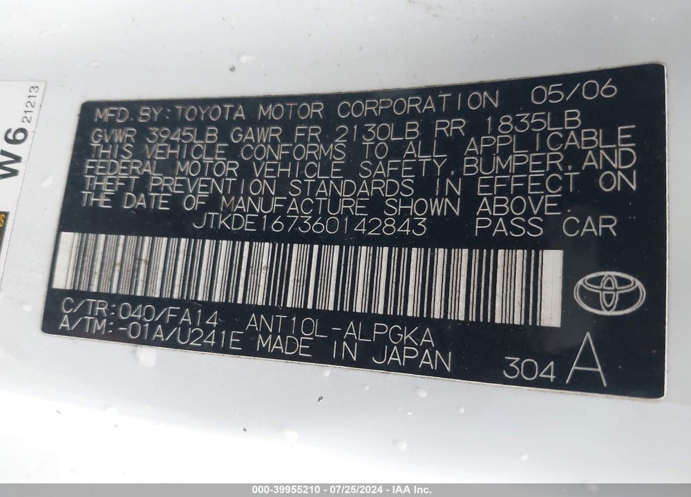 2006 SCION TC VIN: JTKDE167360142843