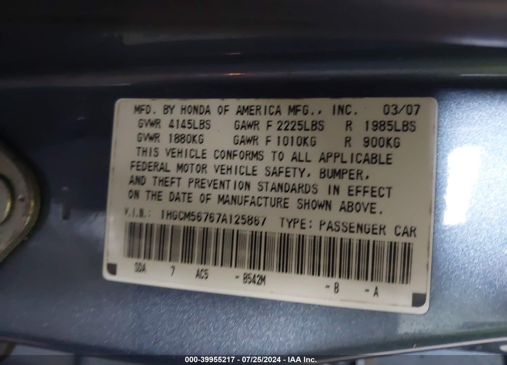 2007 HONDA ACCORD 2.4 EX VIN: 1HGCM56767A125867