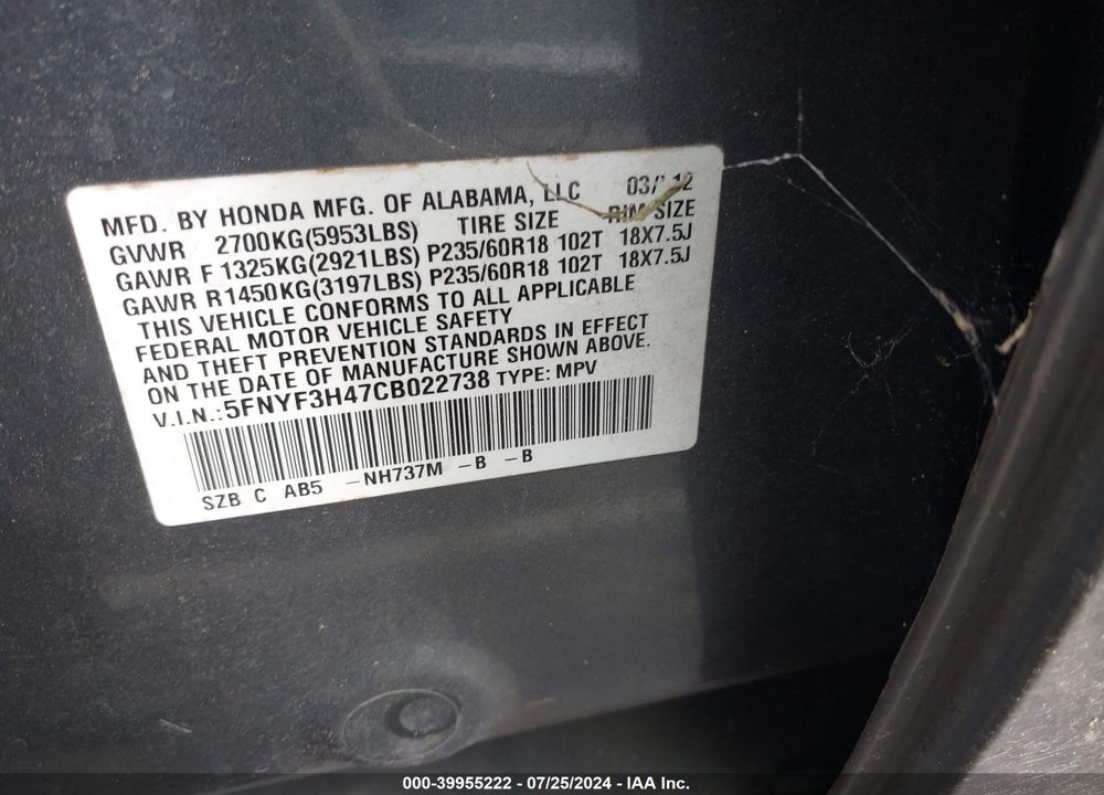 2012 HONDA PILOT EX VIN: 5FNYF3H47CB022738
