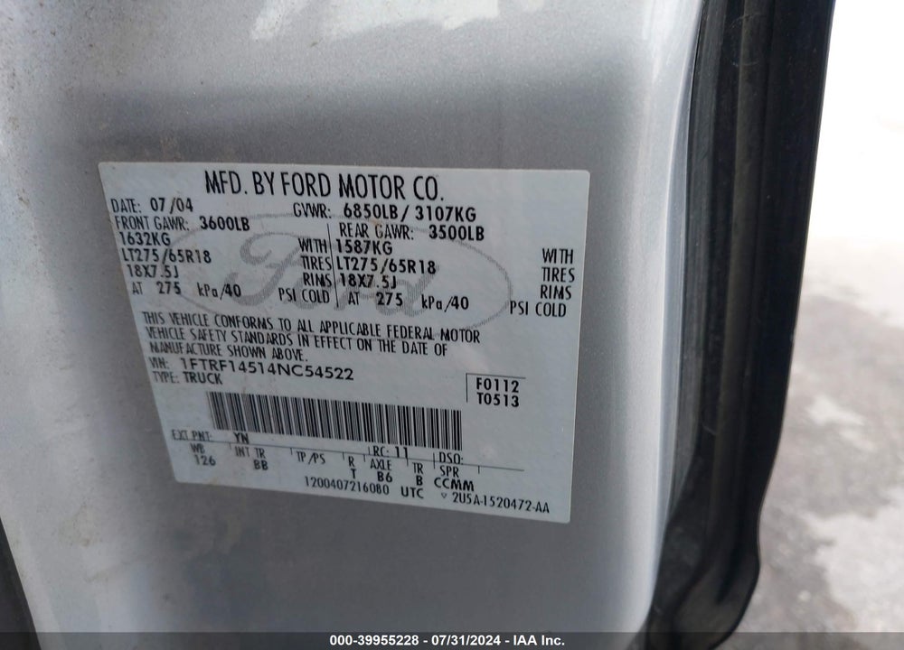 2004 FORD F-150 FX4/XL/XLT VIN: 1FTRF14514NC54522