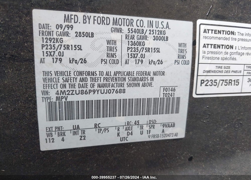2000 MERCURY MOUNTAINEER VIN: 4M2ZU86P9YUJ07688