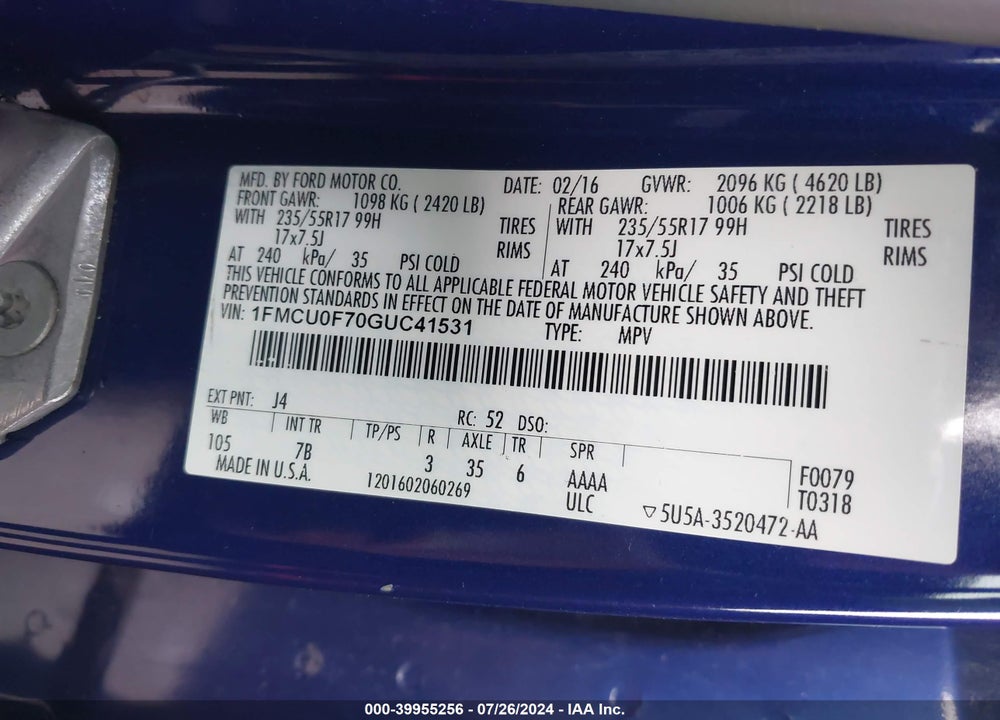2016 FORD ESCAPE S VIN: 1FMCU0F70GUC41531