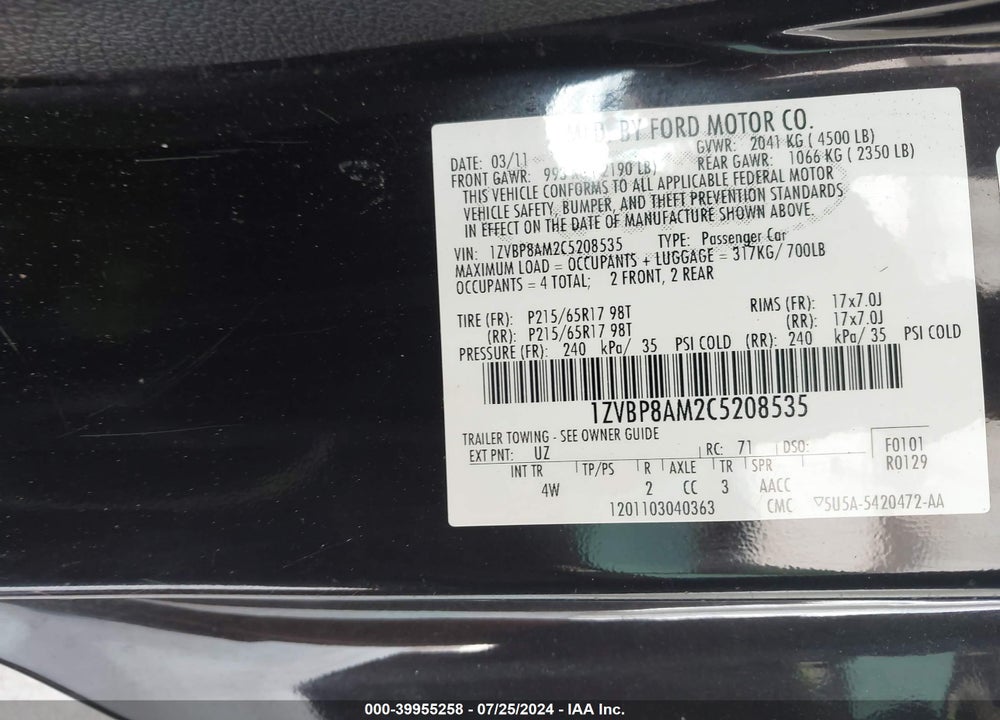 2012 FORD MUSTANG V6 PREMIUM VIN: 1ZVBP8AM2C5208535
