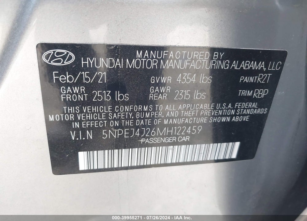 2021 HYUNDAI SONATA SEL PLUS VIN: 5NPEJ4J26MH122459
