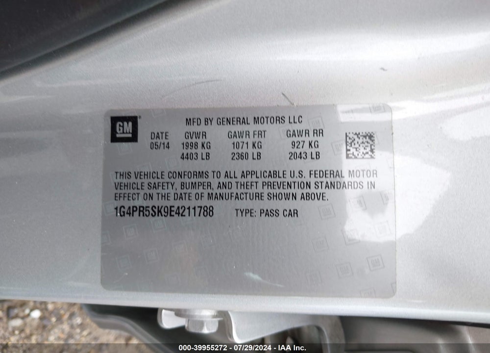 2014 BUICK VERANO CONVENIENCE GROUP VIN: 1G4PR5SK9E4211788
