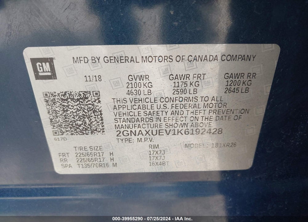 2019 CHEVROLET EQUINOX LT VIN: 2GNAXUEV1K6192428