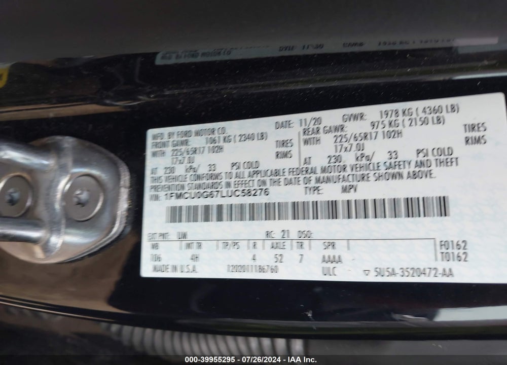 2020 FORD ESCAPE SE VIN: 1FMCU0G67LUC58276