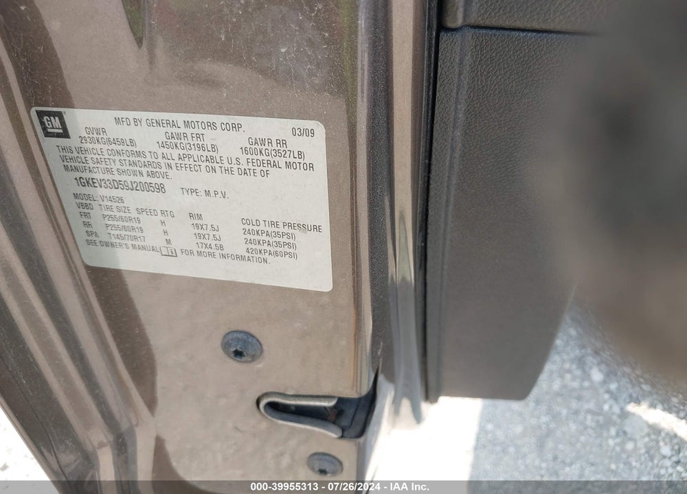 2009 GMC ACADIA VIN: 1GKEV33D59J200598