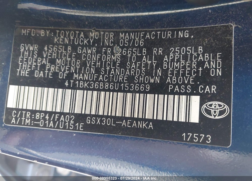 2006 TOYOTA AVALON LIMITED/TOURING/XL/XLS VIN: 4T1BK36B86U153669
