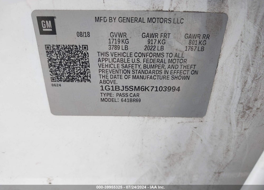 2019 CHEVROLET CRUZE CVT (FLEET ORDERS ONLY) VIN: 1G1BJ5SM6K7103994
