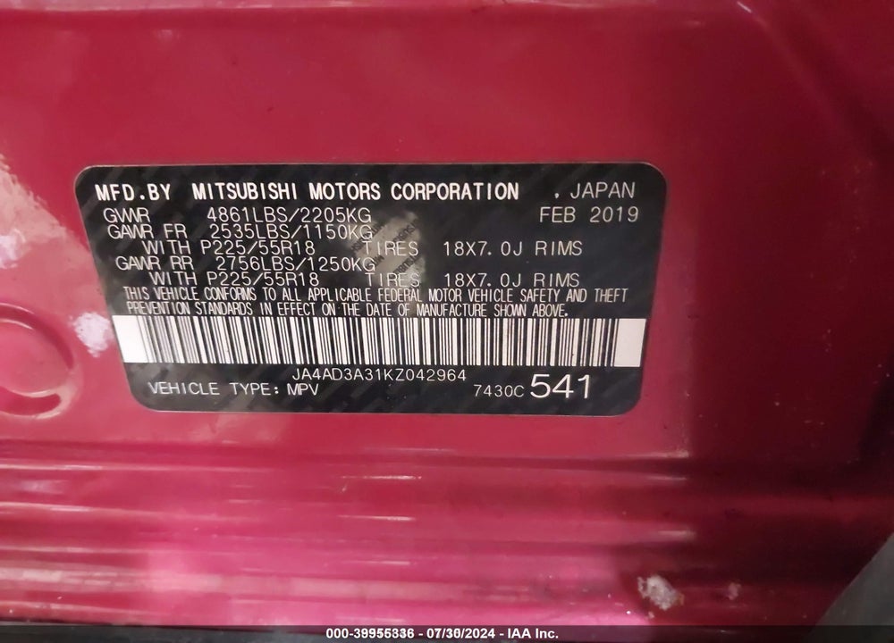 2019 MITSUBISHI OUTLANDER VIN: JA4AD3A31KZ042964