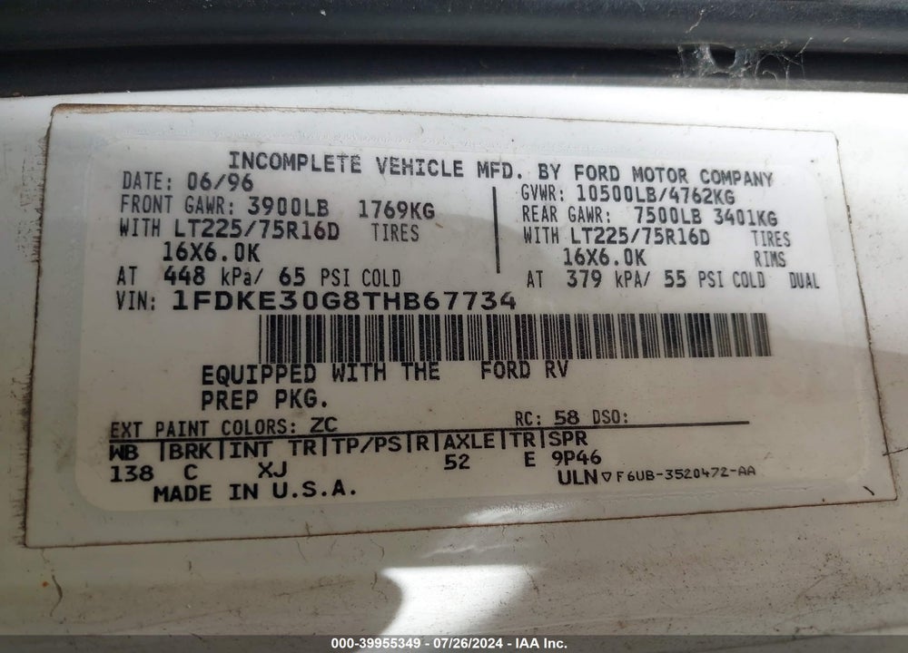 1996 FORD ECONOLINE VIN: 1FDKE30G8THB67734