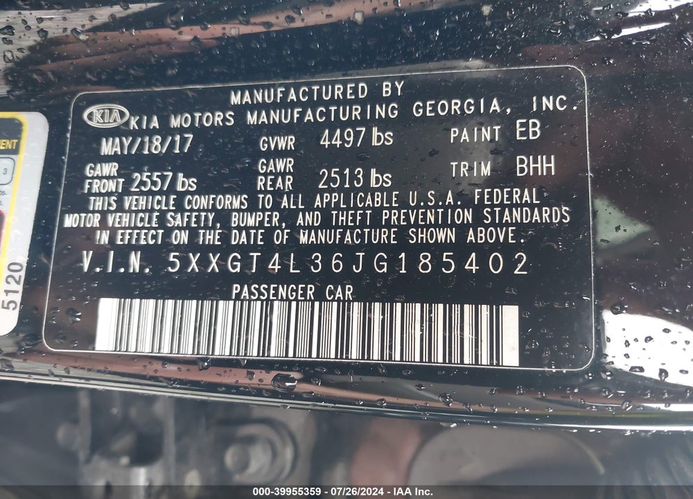 2018 KIA OPTIMA VIN: 5XXGT4L36JG185402