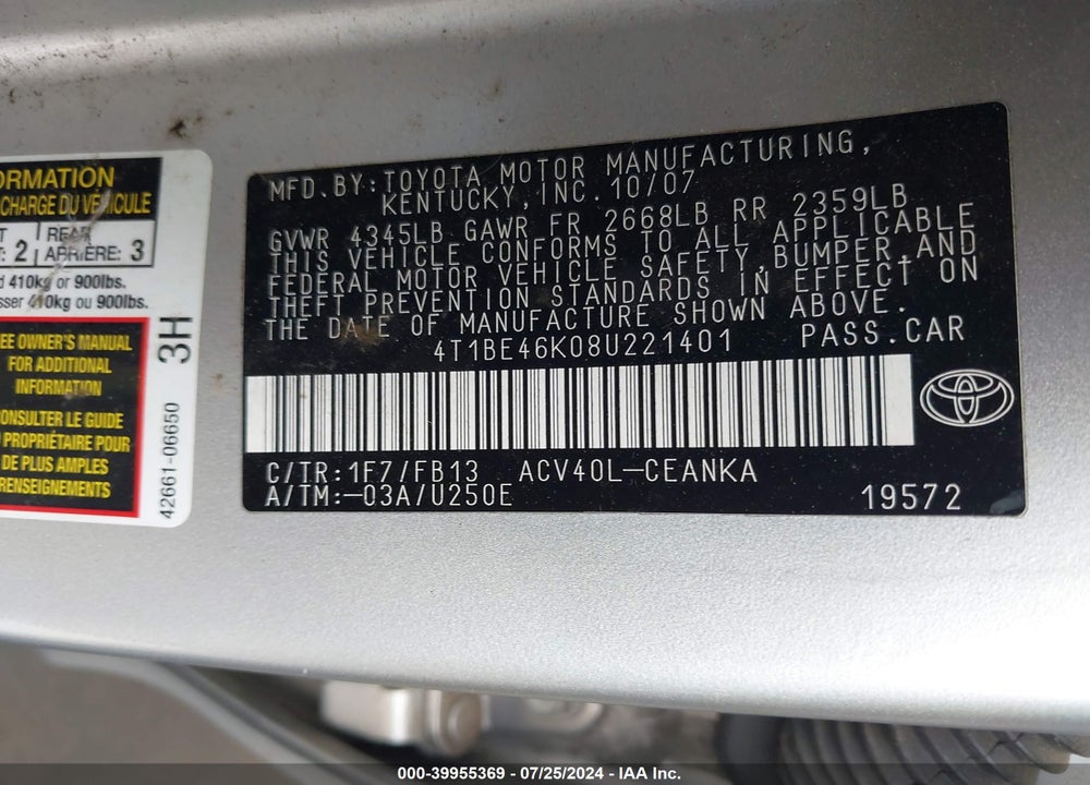2008 TOYOTA CAMRY LE/SE/XLE VIN: 4T1BE46K08U221401